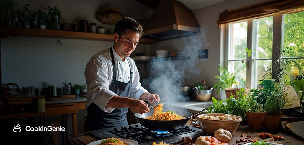 Private chef cooking Pad Thai noodles in a home kitchen surrounded by fresh ingredients