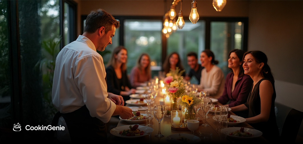 Chef serving guests at a dinner party table