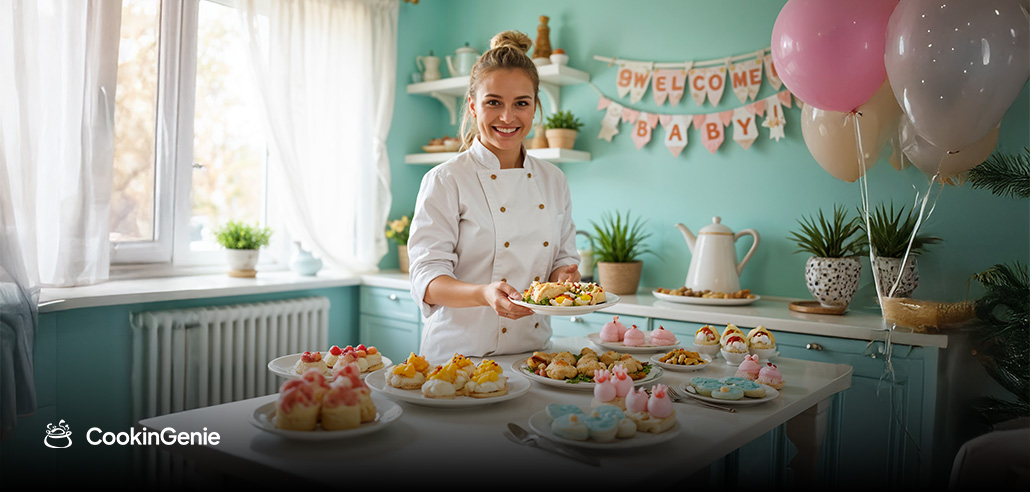 Smiling female chef presenting desserts at a baby shower celebration