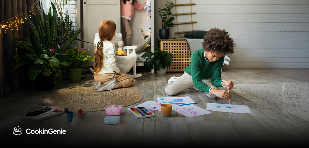 Kids doing crafts and playing indoors