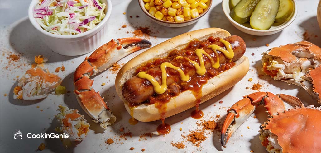 Half-smoke hot dog with chili and mustard served with Maryland blue crab