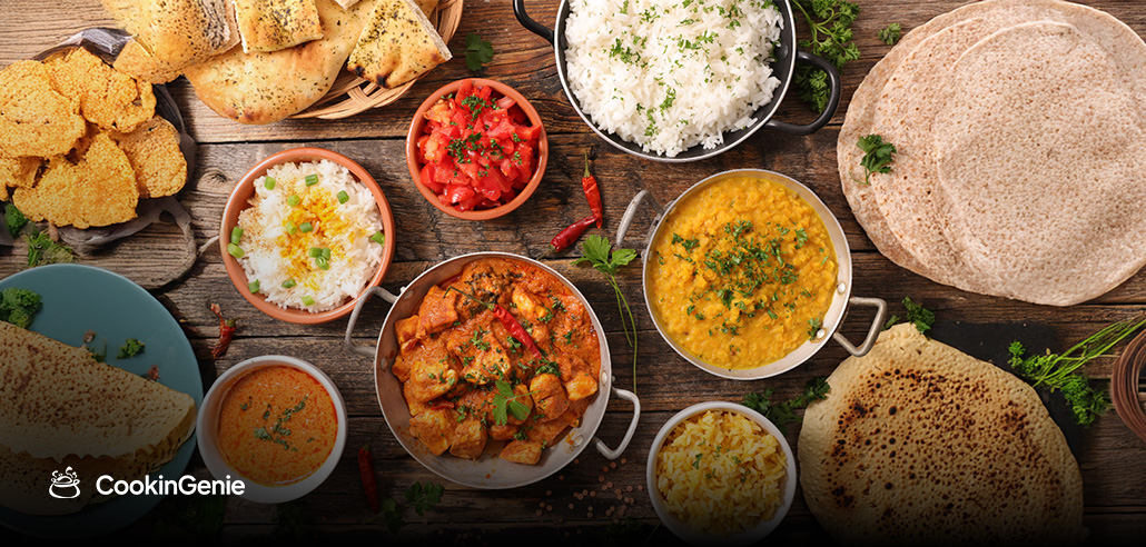 Authentic Indian meal served with rice, curry, and breads