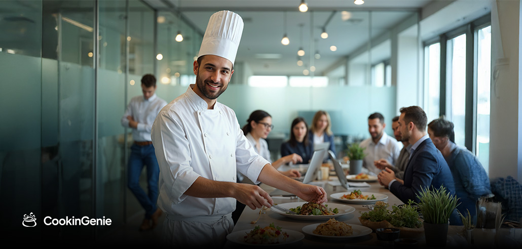 Private chef serving gourmet food at a corporate office party catered by CookinGenie