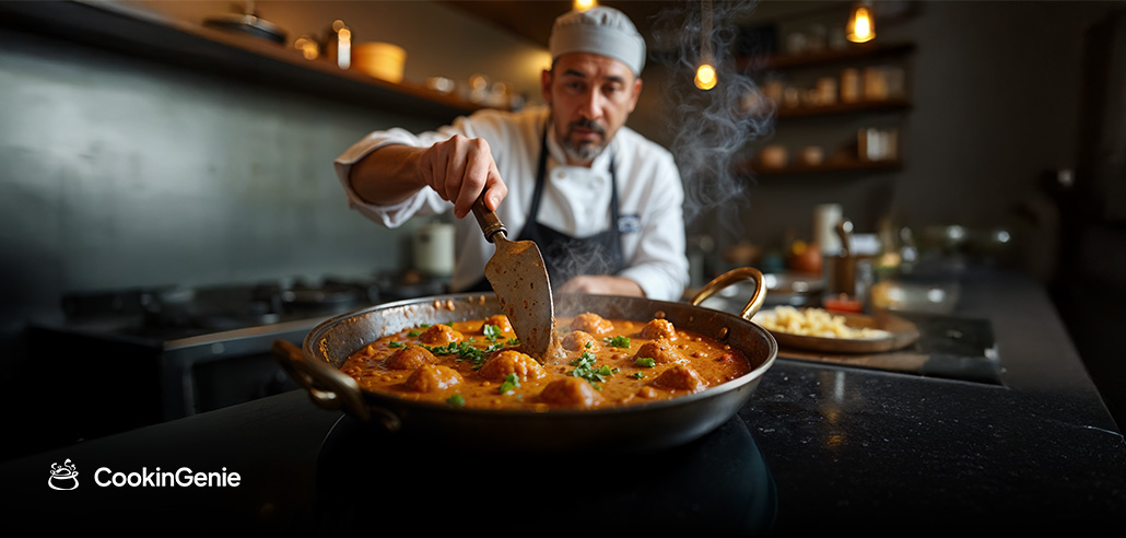 Chef preparing authentic Indian curry in kitchen