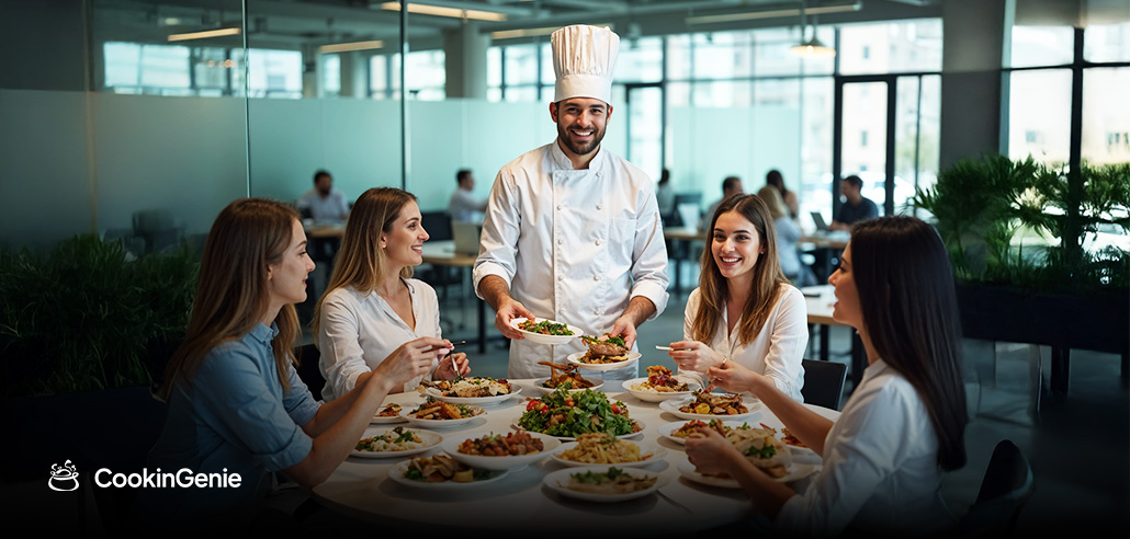 Corporate team enjoying a gourmet meal served by a private chef