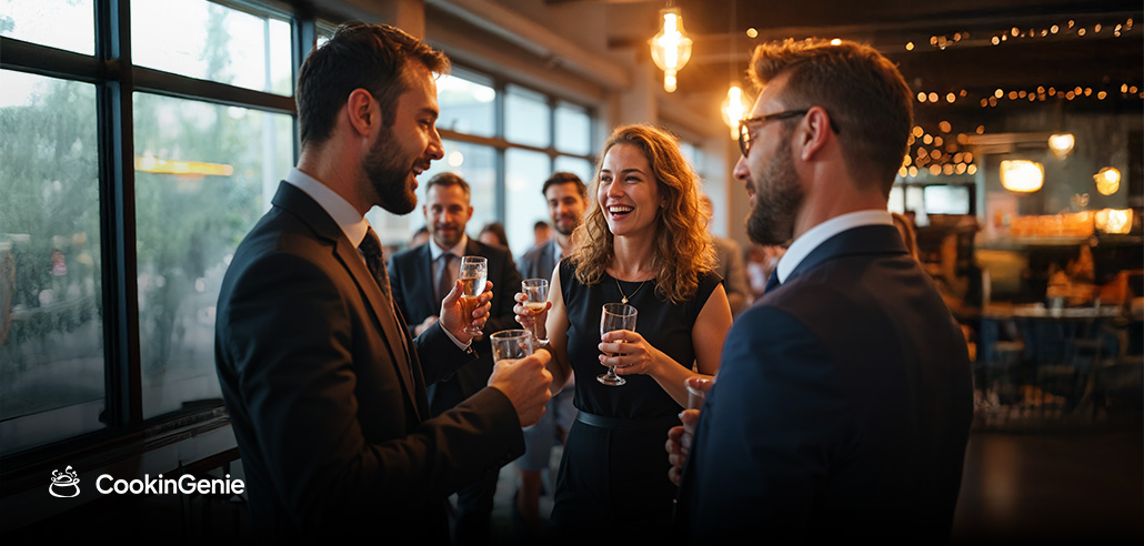 Corporate team enjoying drinks at a party