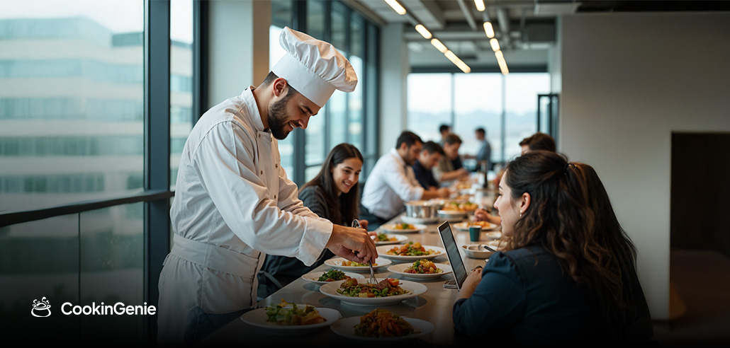 Private chef serving gourmet meals at a corporate lunch event