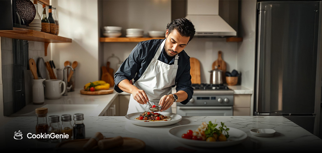 Personal chef plating food in a modern kitchen