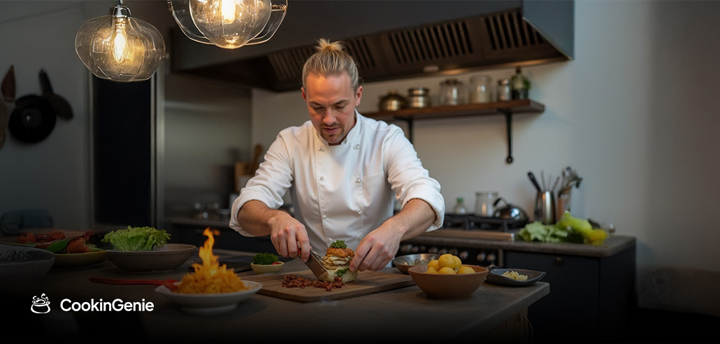 Personal chef preparing gourmet meal in home kitchen