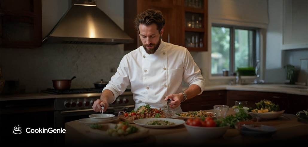 Private chef plating food in home kitchen