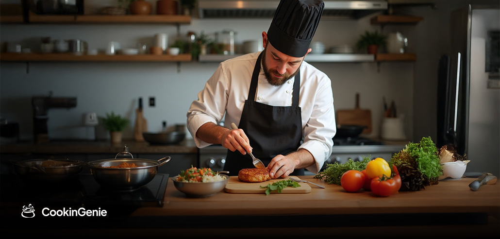 Private chef preparing a gourmet meal at home