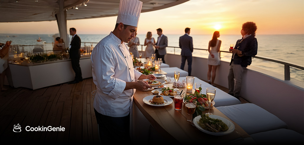 Private chef serving food on a yacht at sunset corporate party
