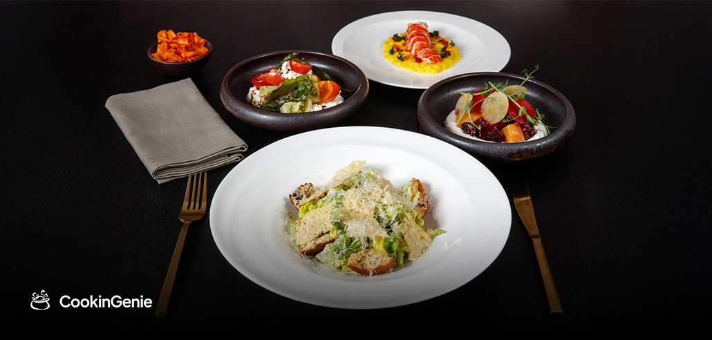 4 course meal with appetizer, salad, entrée, and dessert by CookinGenie
