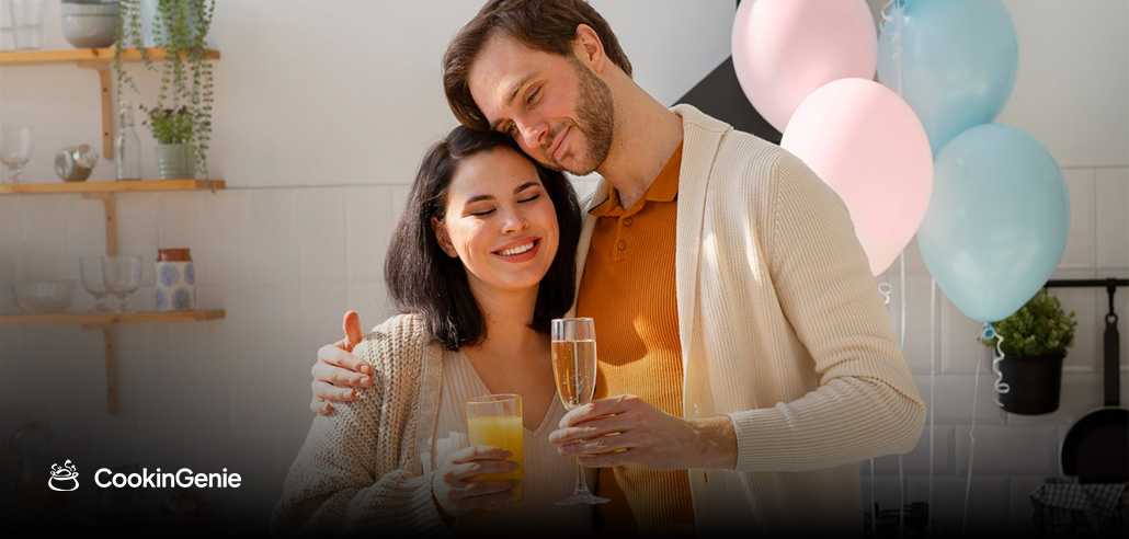 Couple celebrating a special occasion with drinks at home