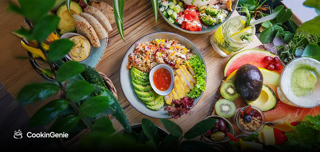 Fusion cuisine spread with fresh, colorful dishes