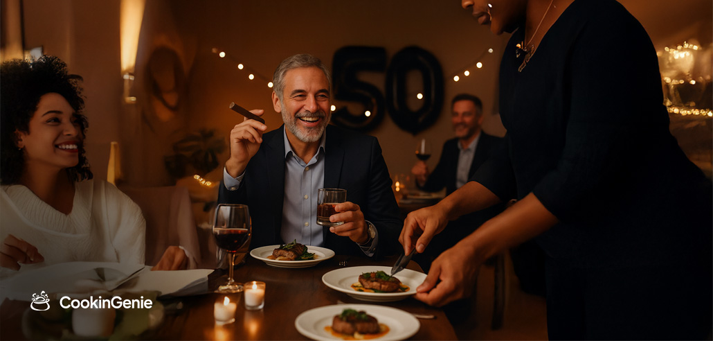 Man celebrating 50th birthday with private chef dinner at home