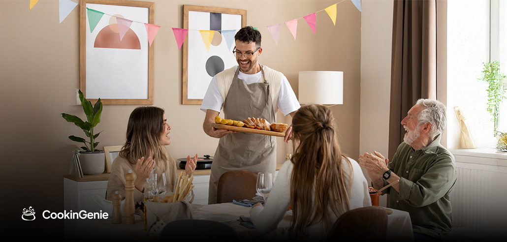 Private chef serving dinner at a cozy 50th birthday party at home