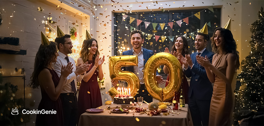 Group celebrating a man’s 50th birthday with cake, balloons, and confetti