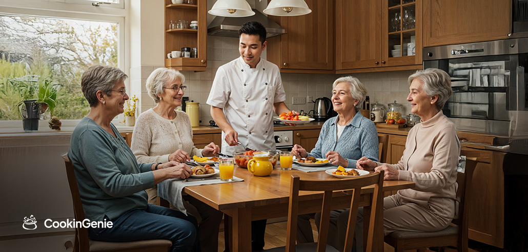 Chef serving breakfast to seniors at home