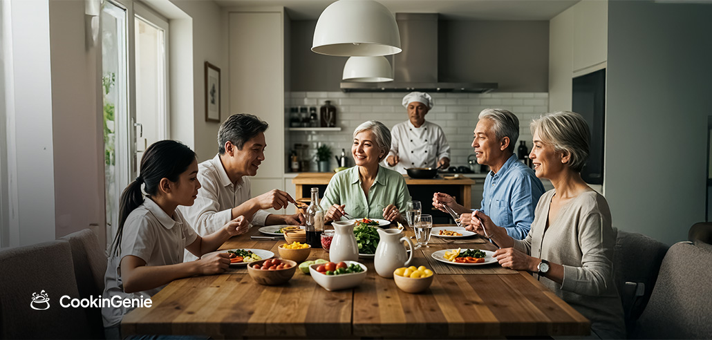 Family enjoying a home-cooked meal prepared by a chef for seniors