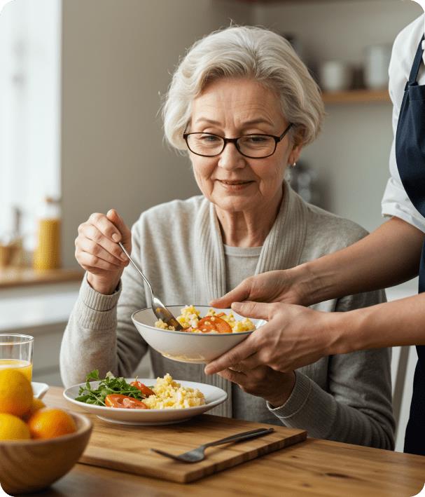In-home chef serving a nutritious meal to an elderly woman at the dining table