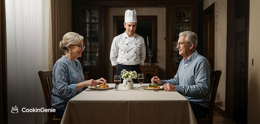 Private chef serving a senior couple enjoying a personalized meal at home