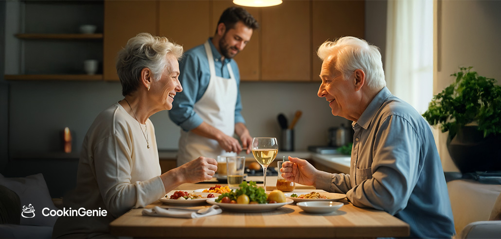 Senior couple enjoying a chef-prepared dinner at home
