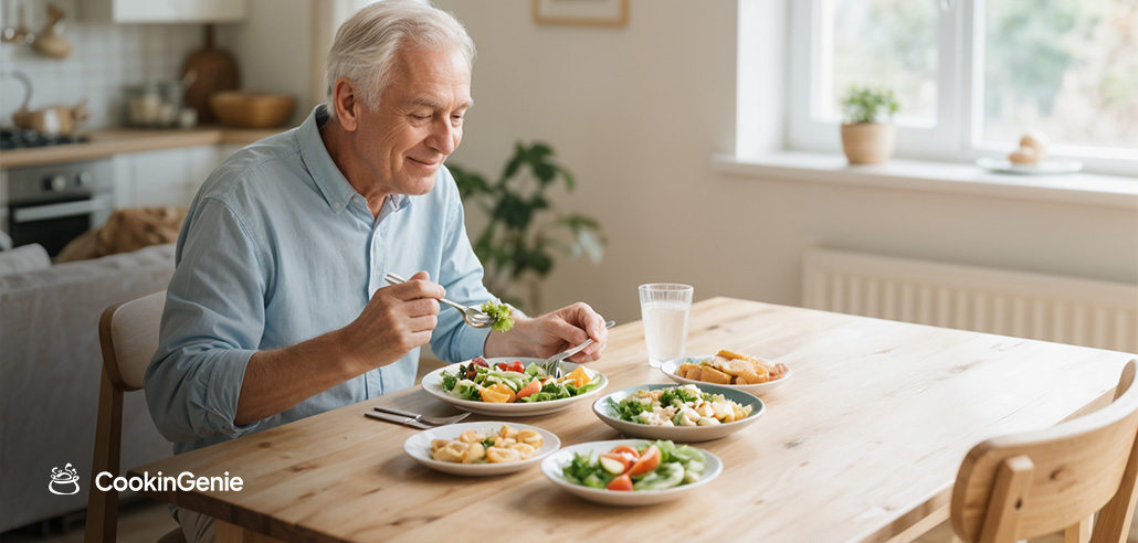 Senior man enjoying fresh, healthy home-cooked meals at home
