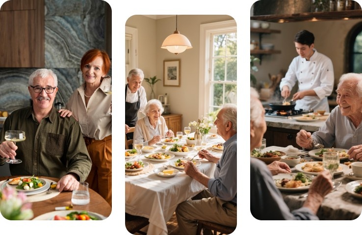 Seniors enjoying chef-prepared meals at home with family and professional chefs
