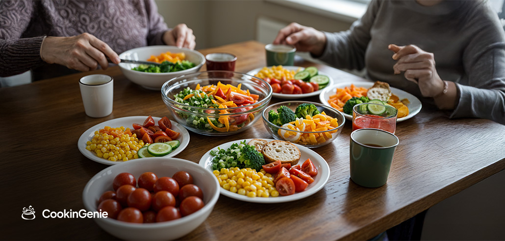 Seniors enjoying fresh, colorful home-cooked meals with CookinGenie