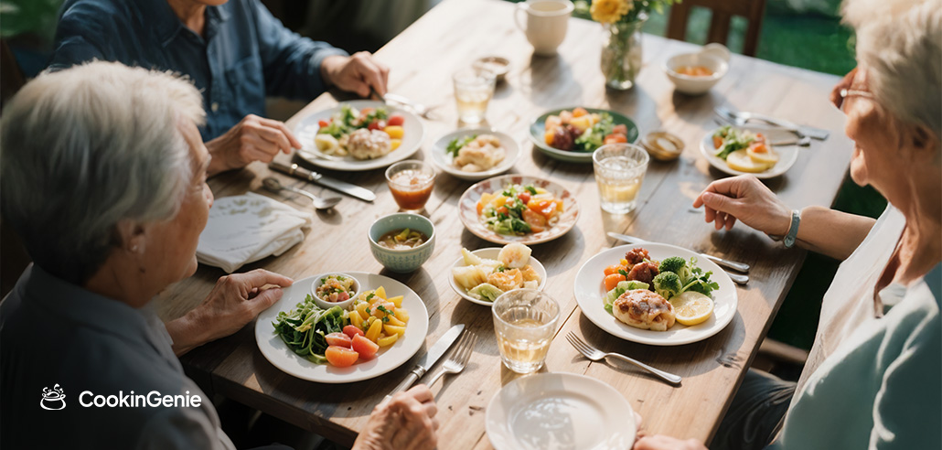 Seniors enjoying fresh, home-cooked chef meals together
