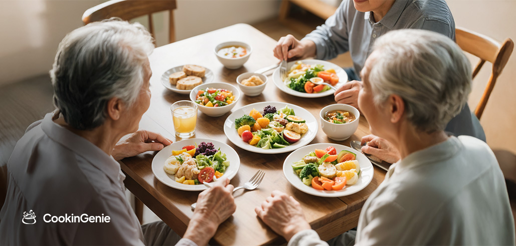 Seniors enjoying healthy, chef-prepared meals together at home