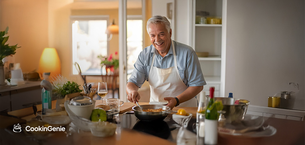 Smiling senior chef preparing a fresh meal in a cozy home kitchen