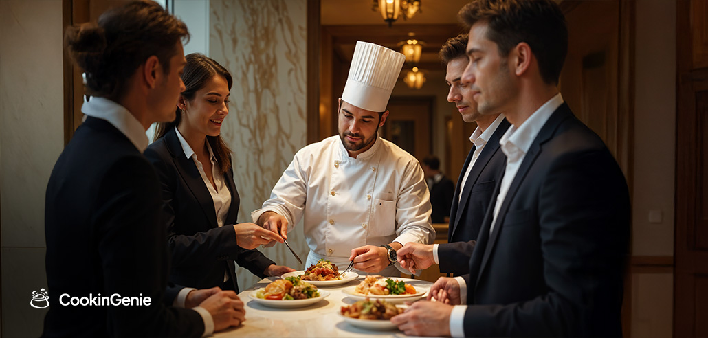 Chef serving business professionals at a private dining event