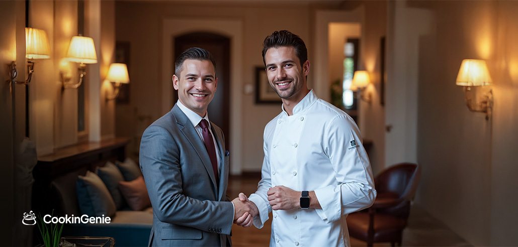 Concierge shaking hands with private chef partner