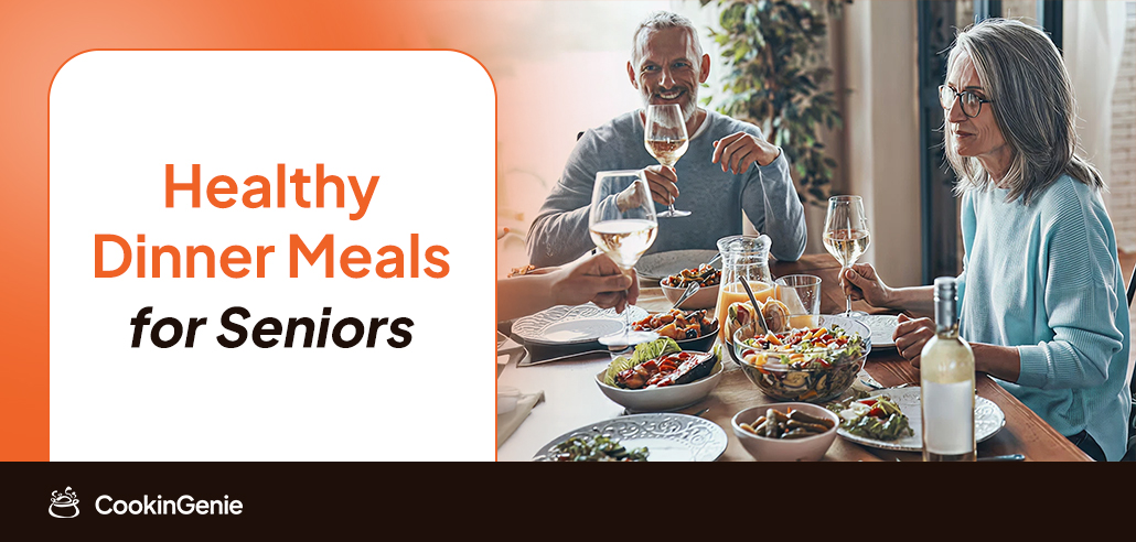 Seniors enjoying healthy dinner meals together at home