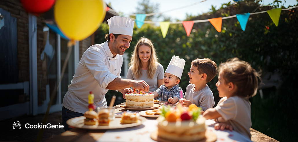 Chef celebrating a 10th birthday party with kids outdoors