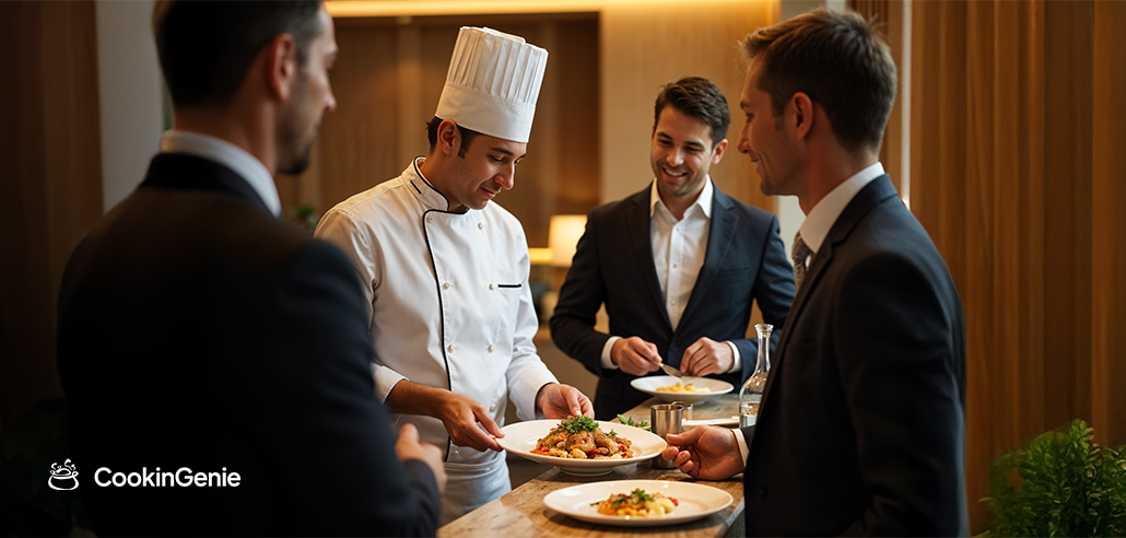 Chef serving gourmet dishes to business professionals