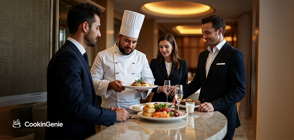 Chef serving gourmet meal to guest