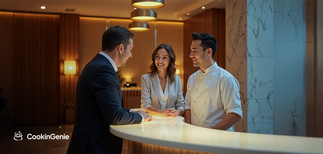 Concierge and chef discussing guest dining