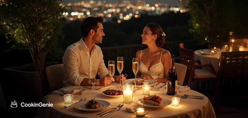 Couple celebrating 1st anniversary over a romantic dinner