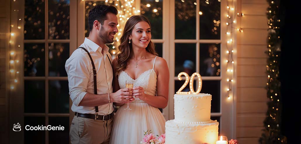 Couple celebrating their 20th wedding anniversary with cake and champagne