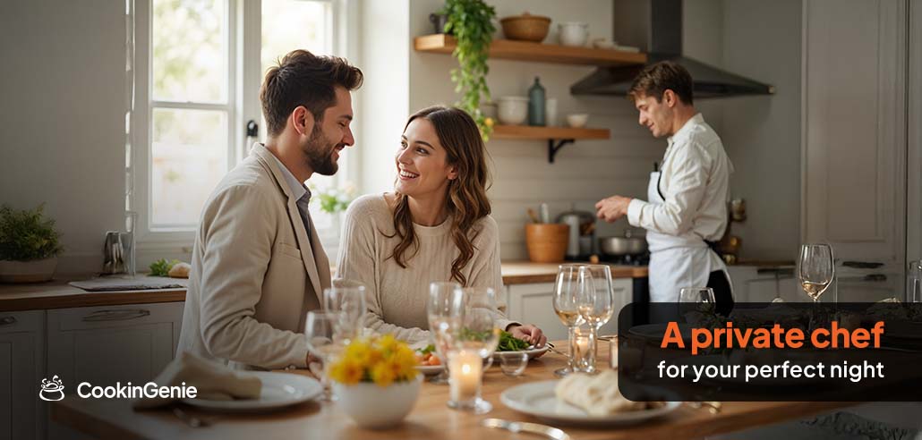 Couple enjoying a romantic dinner prepared by a private chef at home