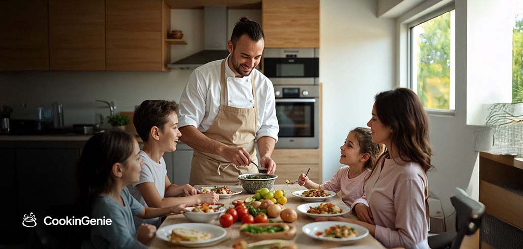 Private chef preparing a family dinner at home