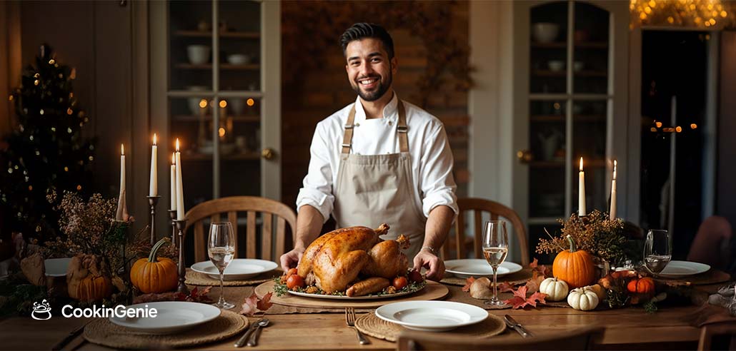 Private chef presenting a traditional Thanksgiving turkey dinner