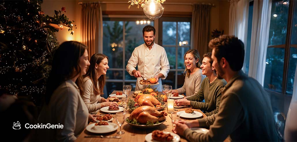 Private chef serving Thanksgiving dinner to a happy family