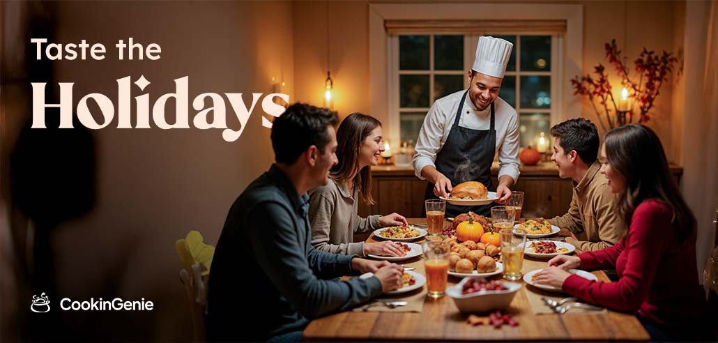 Private chef serving a festive Thanksgiving dinner to a family at home