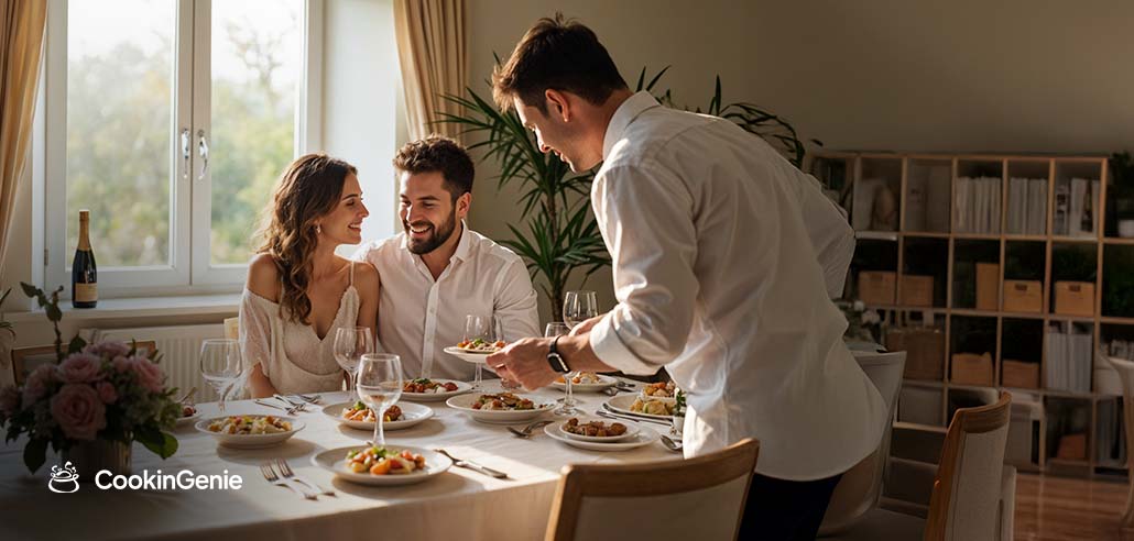 Private chef serving a romantic dinner for a couple at home