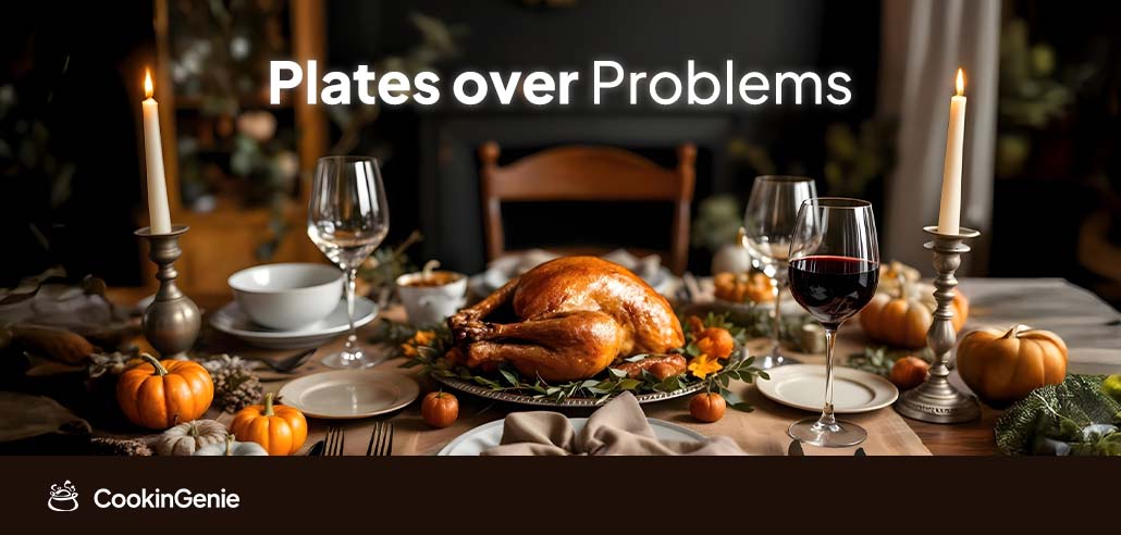 Thanksgiving table with turkey, wine, and candles