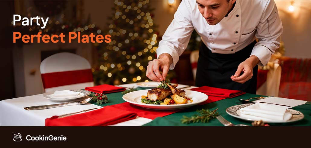 Chef plating Christmas party food at a festive holiday table